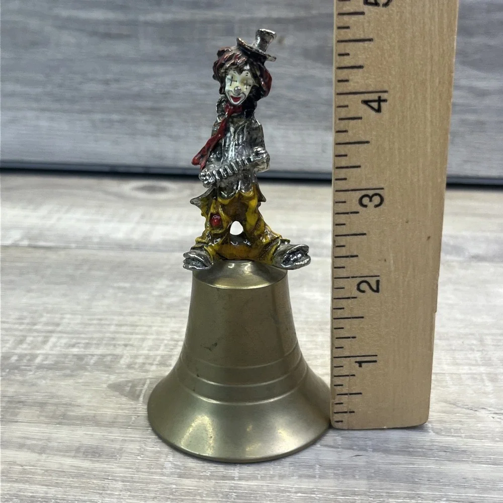 Clown Hand Bell Hand painted Solid Brass Base Playing Accordion Circus Vintage